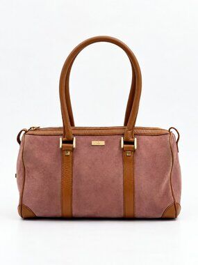 Vintage Gucci Boston Bag Pink Suede Tan Leather Top Handle Satchel